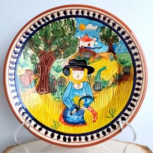 Vintage Olaria Floso Redondo Handpainted Portugal Ceramic Terracotta Plate 9.75